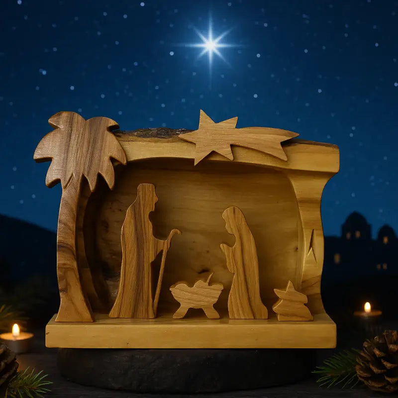 Hand made olive wood nativity scene – holy family in natural bark cave from bethlehem nativities