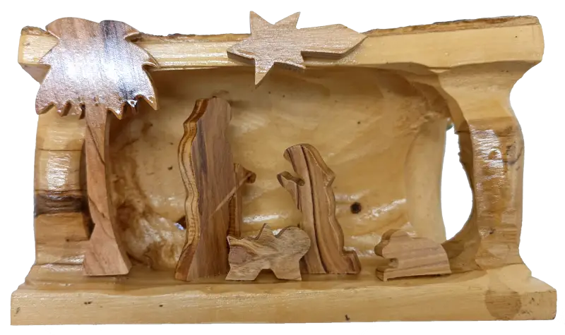 Hand made olive wood nativity scene – holy family in natural bark cave from bethlehem nativities