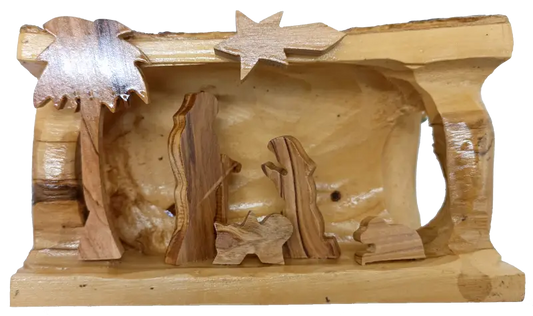 Hand made olive wood nativity scene – holy family in natural bark cave from bethlehem nativities