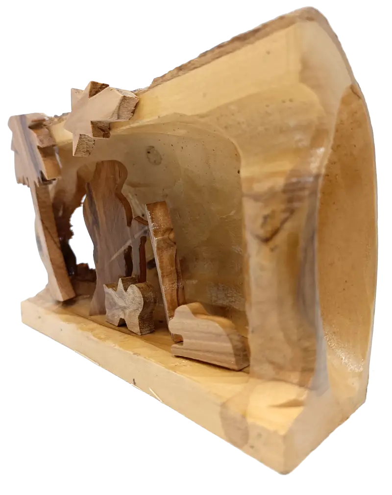 Hand made olive wood nativity scene – holy family in natural bark cave from bethlehem nativities