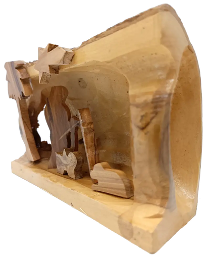 Hand made olive wood nativity scene – holy family in natural bark cave from bethlehem nativities