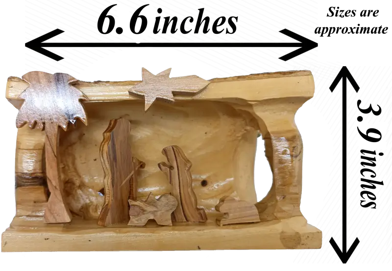 Hand made olive wood nativity scene – holy family in natural bark cave from bethlehem nativities