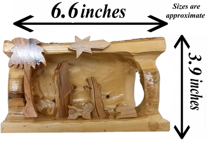 Hand made olive wood nativity scene – holy family in natural bark cave from bethlehem nativities