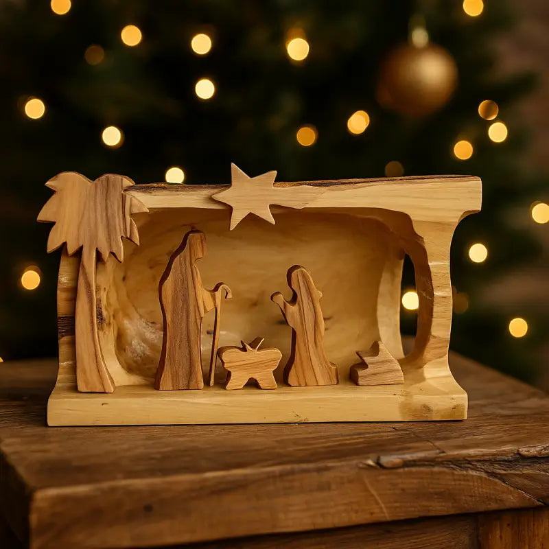Hand made olive wood nativity scene – holy family in natural bark cave from bethlehem nativities