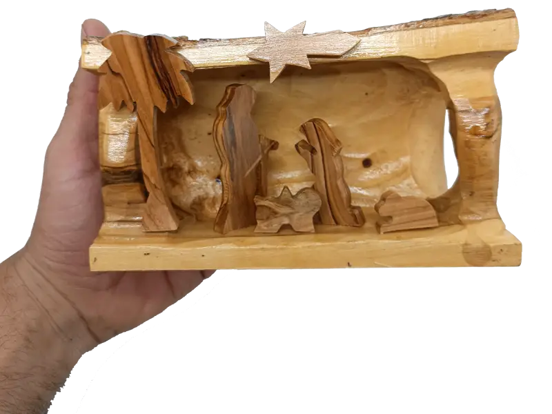 Hand made olive wood nativity scene – holy family in natural bark cave from bethlehem nativities