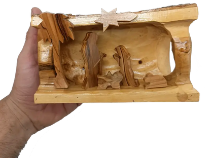 Hand made olive wood nativity scene – holy family in natural bark cave from bethlehem nativities