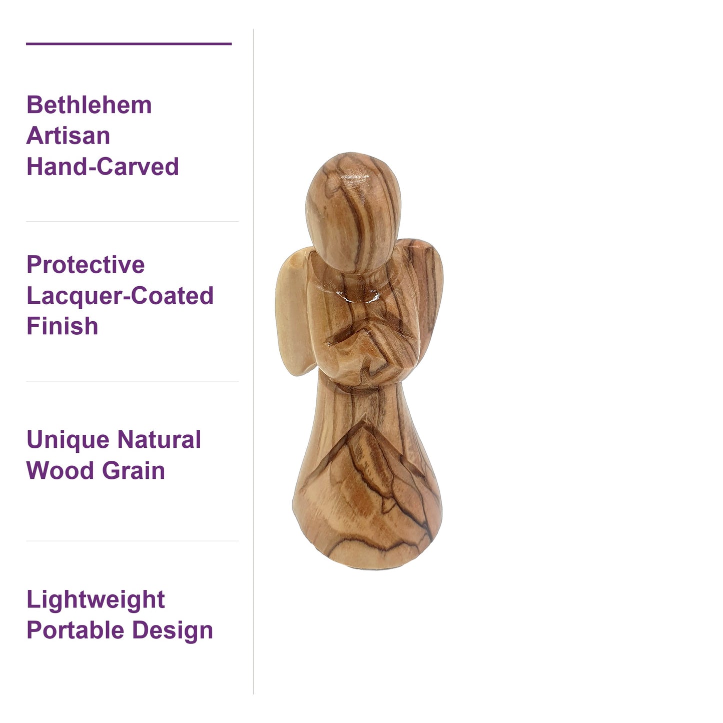 Close-up of the Comforting Angel Figurine showcasing unique natural olive wood grain and smooth lacquer-coated finish from the Holy Land.