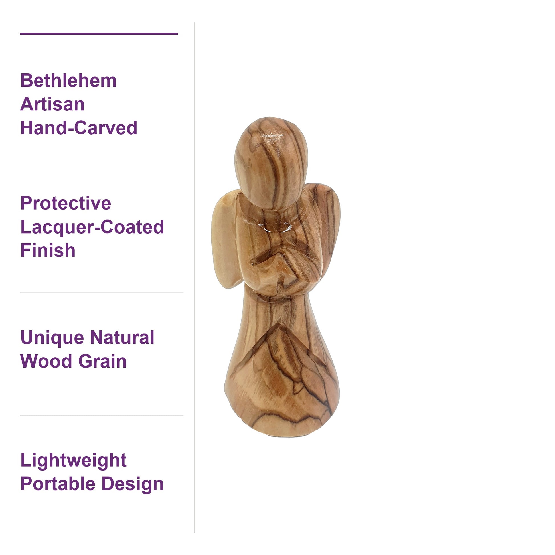 Close-up of the Comforting Angel Figurine showcasing unique natural olive wood grain and smooth lacquer-coated finish from the Holy Land.