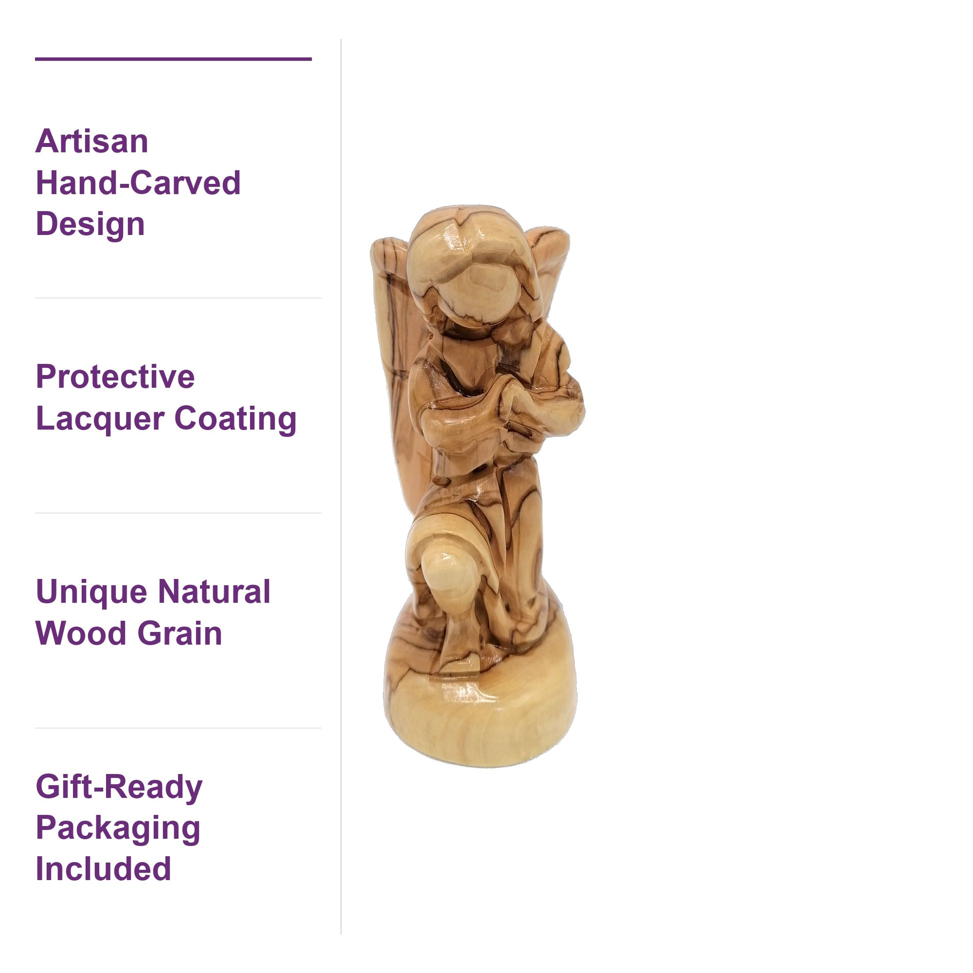 Close-up of Bethlehem olive wood angel showing unique grain patterns, lacquer coating, and authentic artisan carving detail.