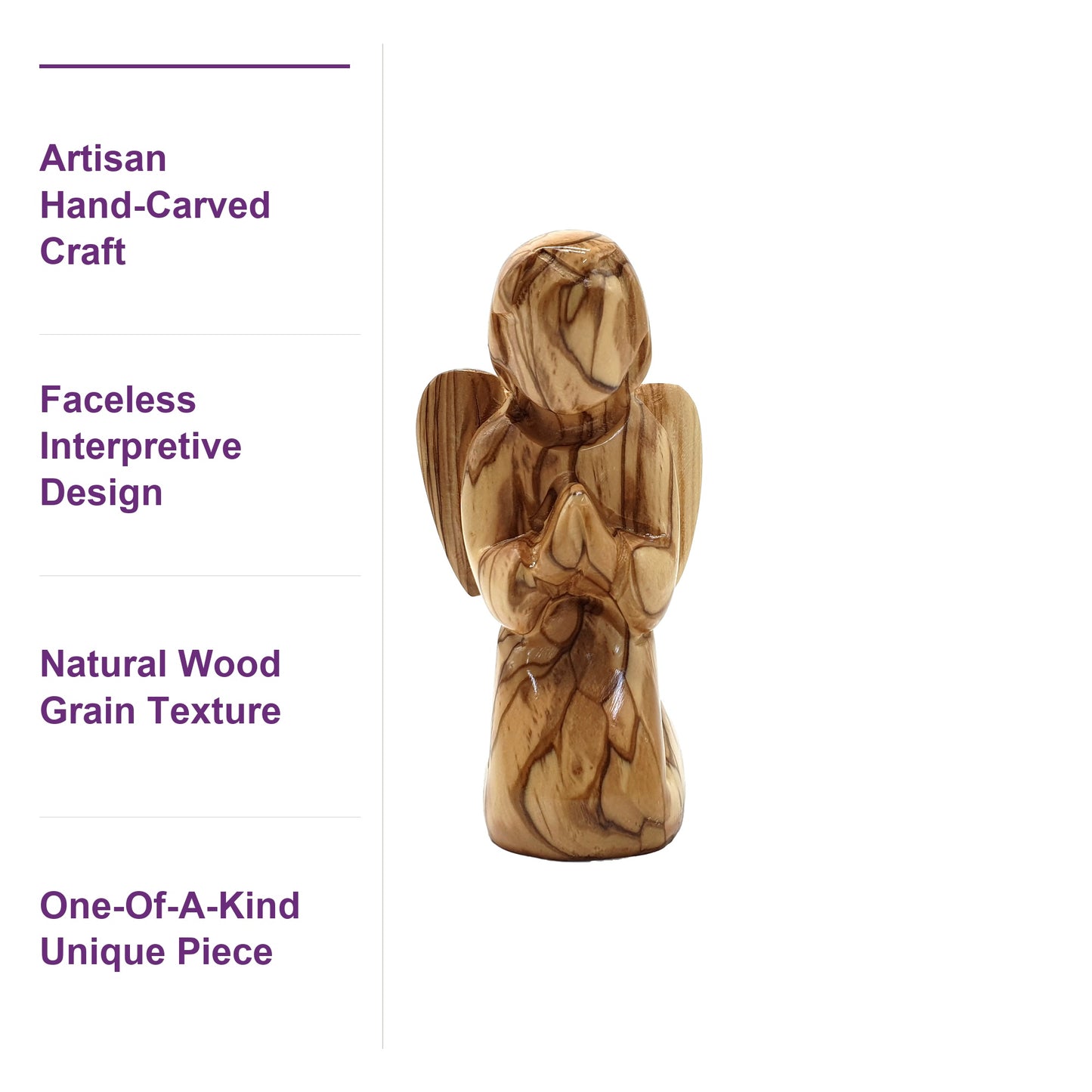 Close-up of hand carved faceless angel revealing rich olive wood grain patterns crafted by local Bethlehem artisans.
