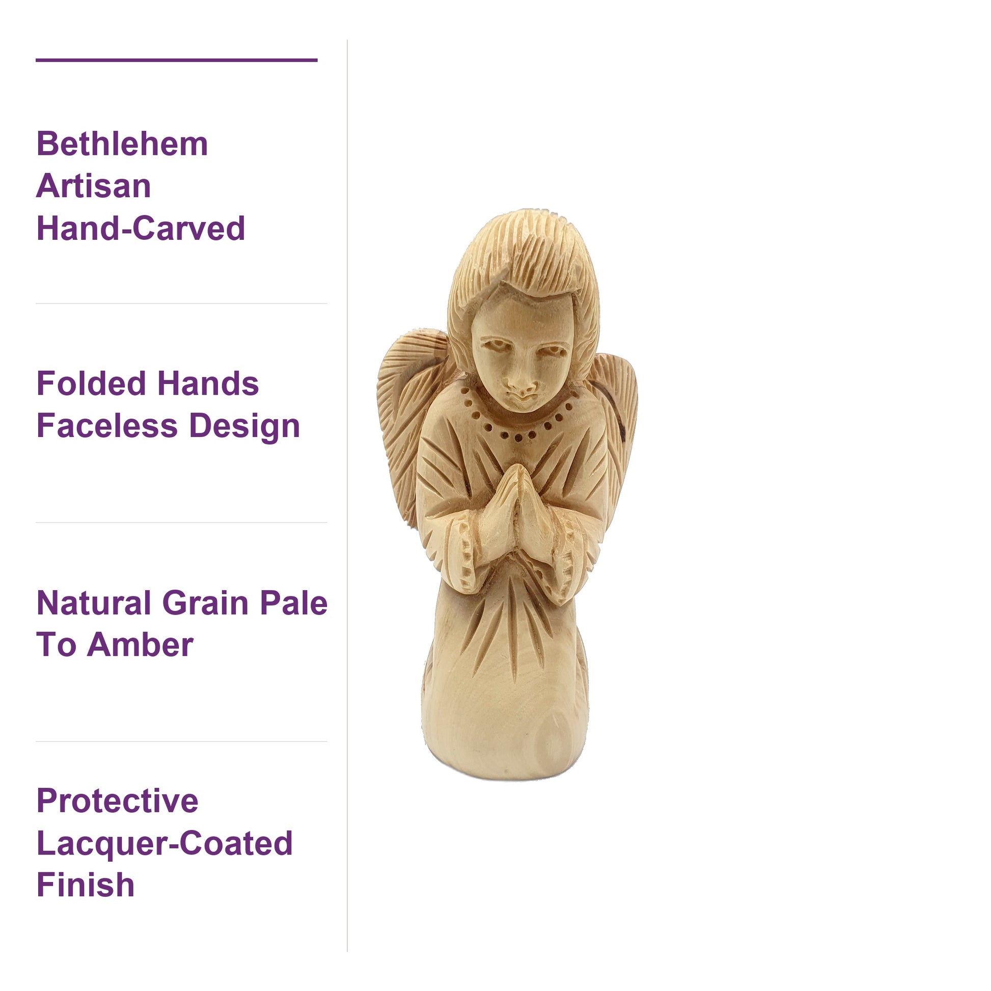 Close-up of the praying angel figurine's natural olive wood grain, ranging from pale to warm amber tones carved by Bethlehem artisans.