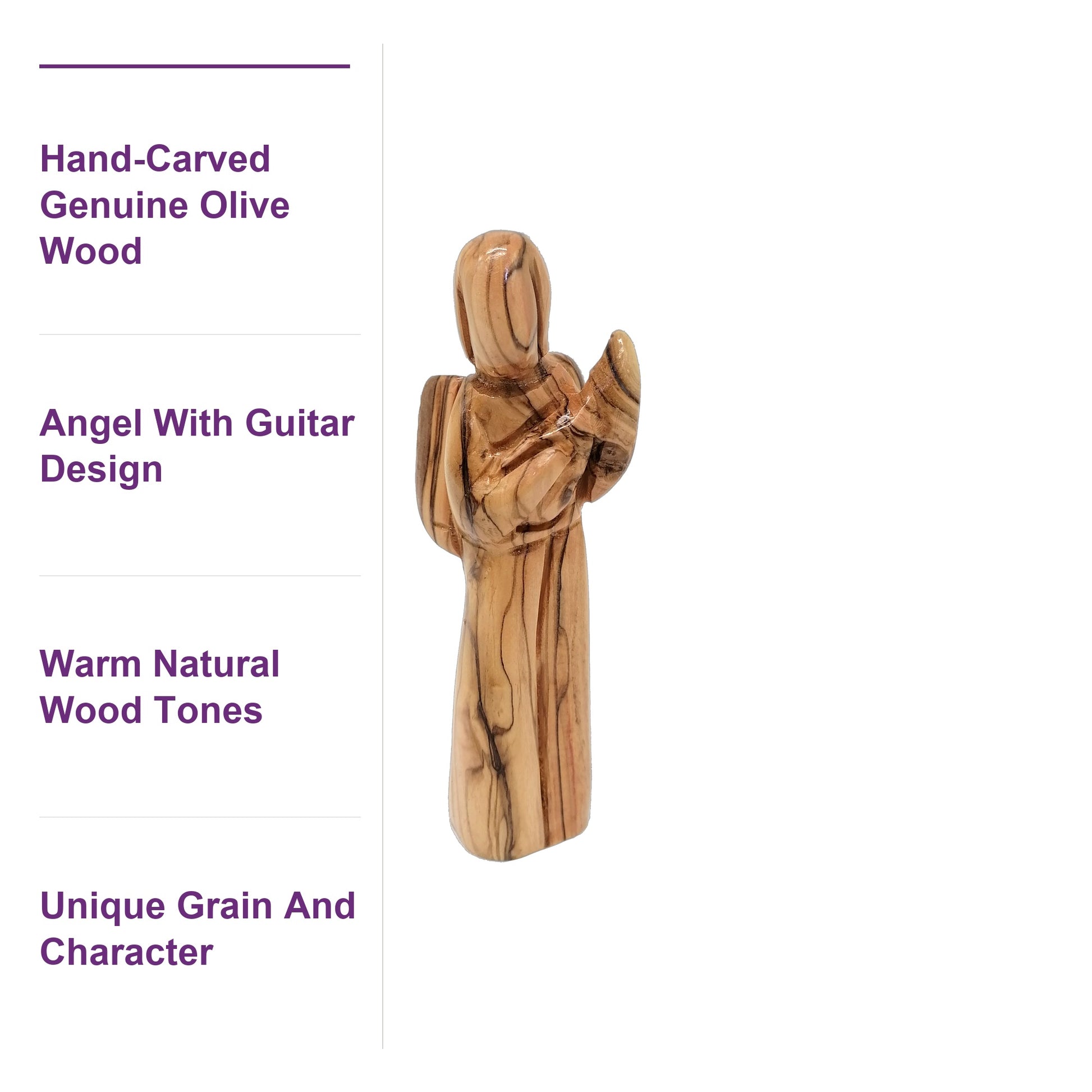 Close-up of hand-carved details on a genuine Holy Land olive wood angel, highlighting rich grain and artisan craftsmanship.