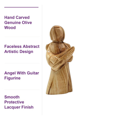 Close-up of hand-carved details on a faceless angel guitar figurine made from authentic Holy Land olive wood in Bethlehem.