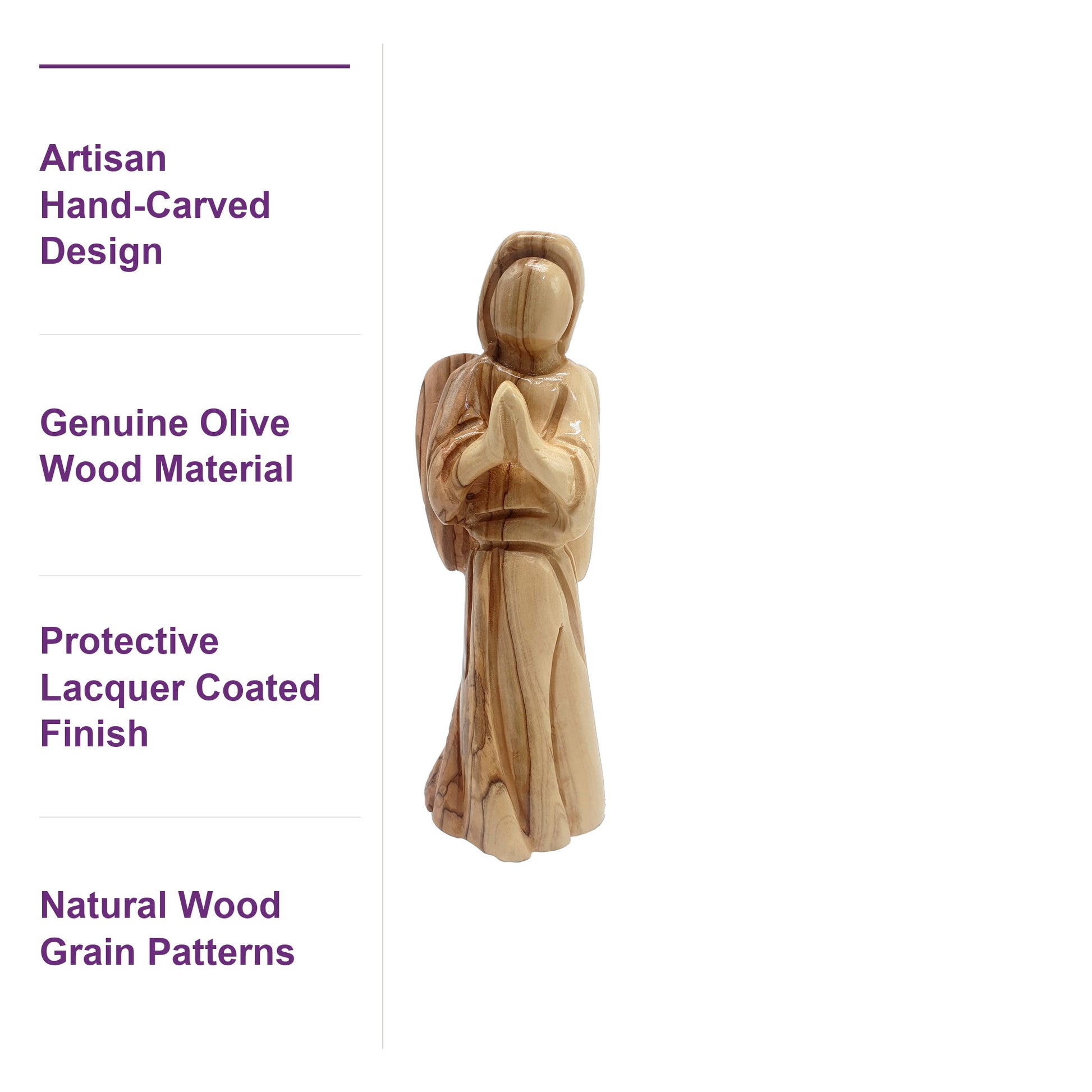 Genuine Bethlehem olive wood angel with a smooth lacquer-coated finish, highlighting natural grain and artisan craftsmanship.