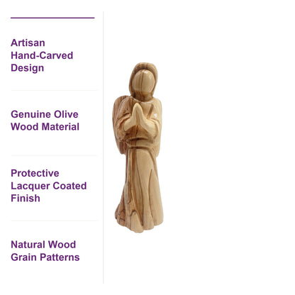Genuine Bethlehem olive wood angel with a smooth lacquer-coated finish, highlighting natural grain and artisan craftsmanship.