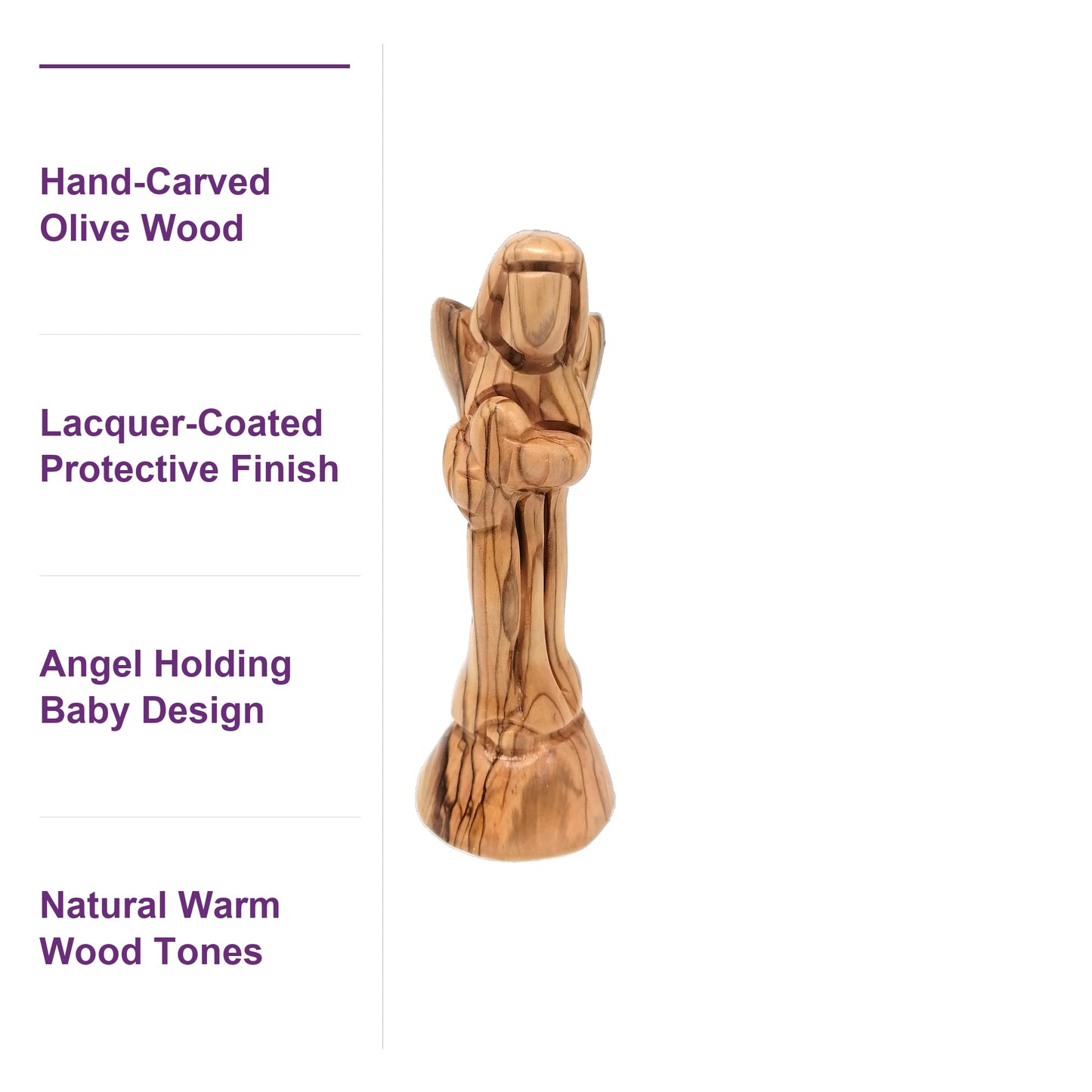 Handcrafted Holy Land olive wood angel figurine with a smooth lacquer-coated finish, highlighting authentic grain and detail.