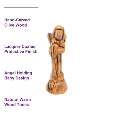Handcrafted Holy Land olive wood angel figurine with a smooth lacquer-coated finish, highlighting authentic grain and detail.