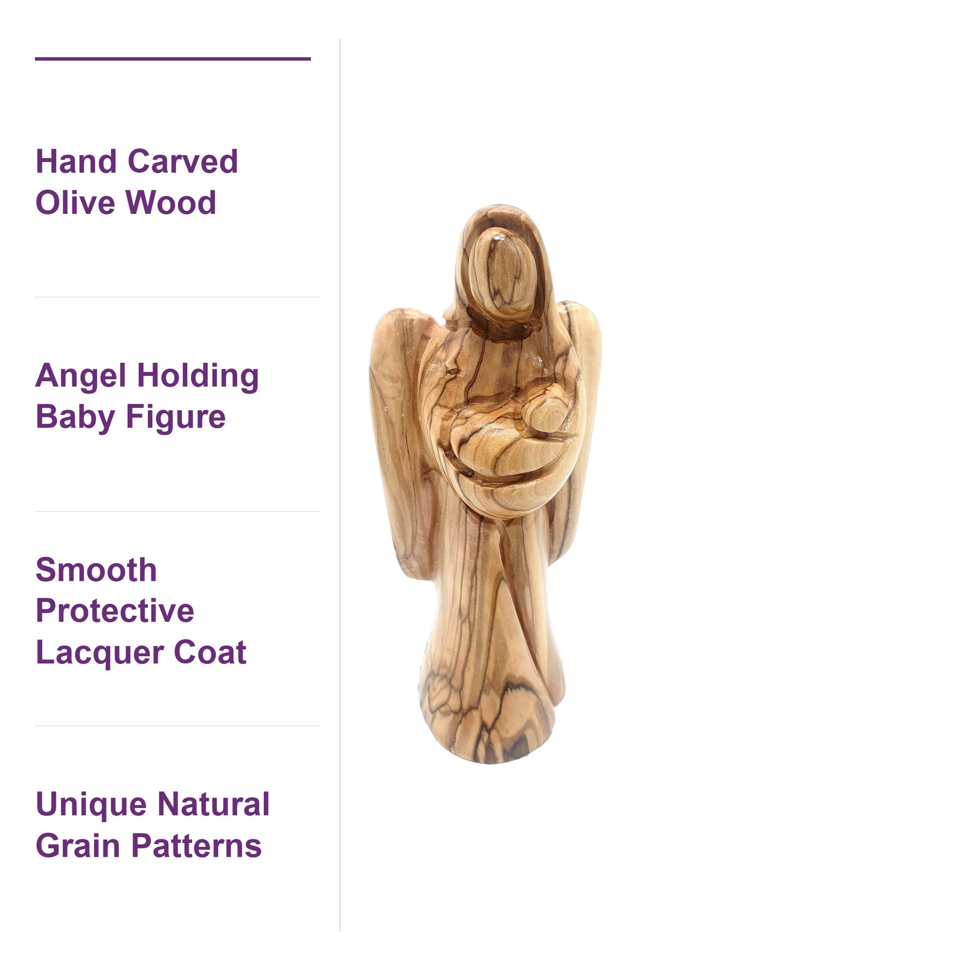 Close-up of the olive wood angel's hand carved details and smooth lacquer finish, made in the Holy Land.