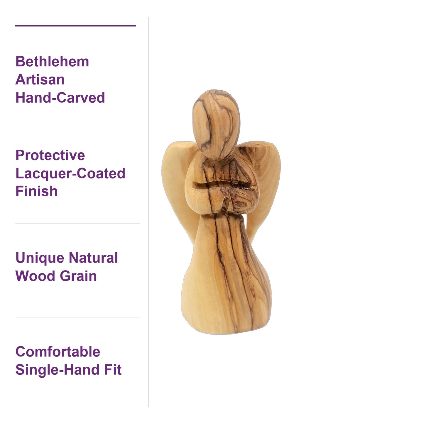 Close-up of the hand-carved olive wood angel showing rich natural grain and smooth lacquer coating by Bethlehem artisans.