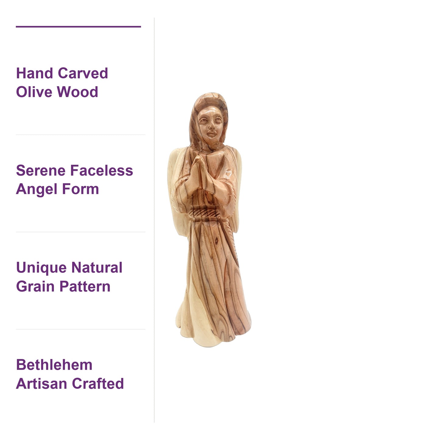 Close-up of genuine Holy Land olive wood angel statue showing its unique grain pattern, warm tones, and hand carved detail.
