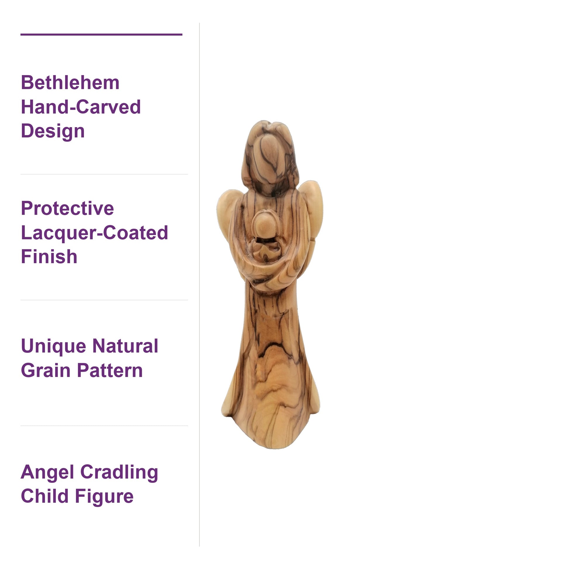 Close-up of the angel figurine highlighting the unique olive wood grain pattern and smooth lacquer-coated finish.