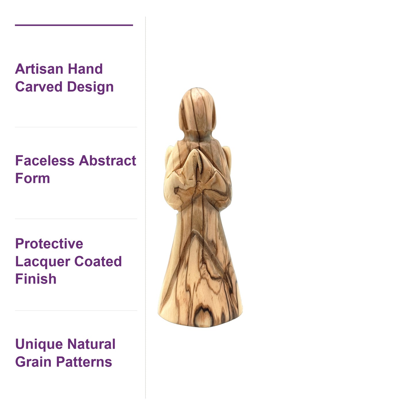 Close-up of the olive wood figure's lacquer-coated finish, showcasing the natural grain and artisan craftsmanship from Bethlehem.