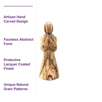 Close-up of the olive wood figure's lacquer-coated finish, showcasing the natural grain and artisan craftsmanship from Bethlehem.