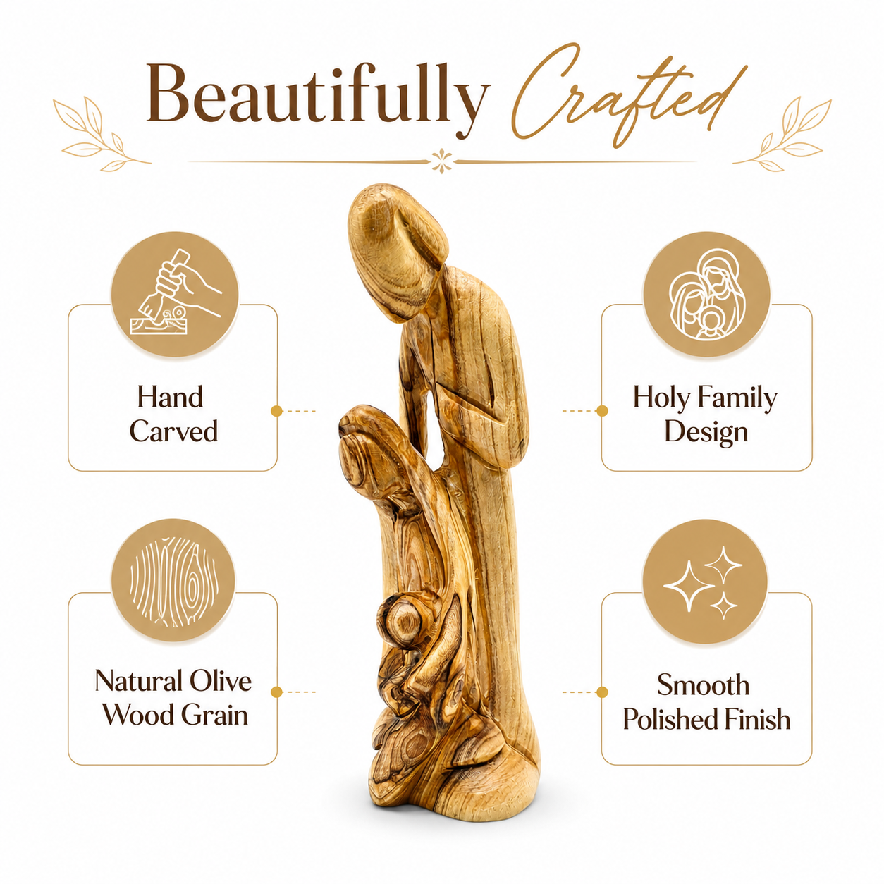 Handcrafted Bethlehem olive wood Holy Family sculpture
