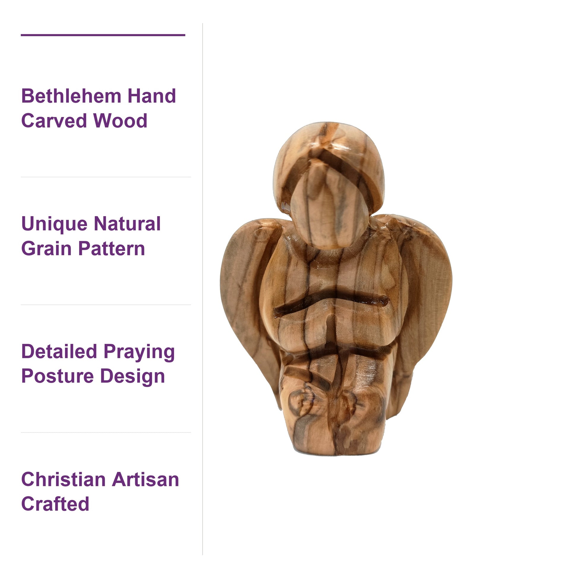 Close-up of unique olive wood grain on a hand carved Bethlehem angel, showcasing authentic Holy Land craftsmanship.