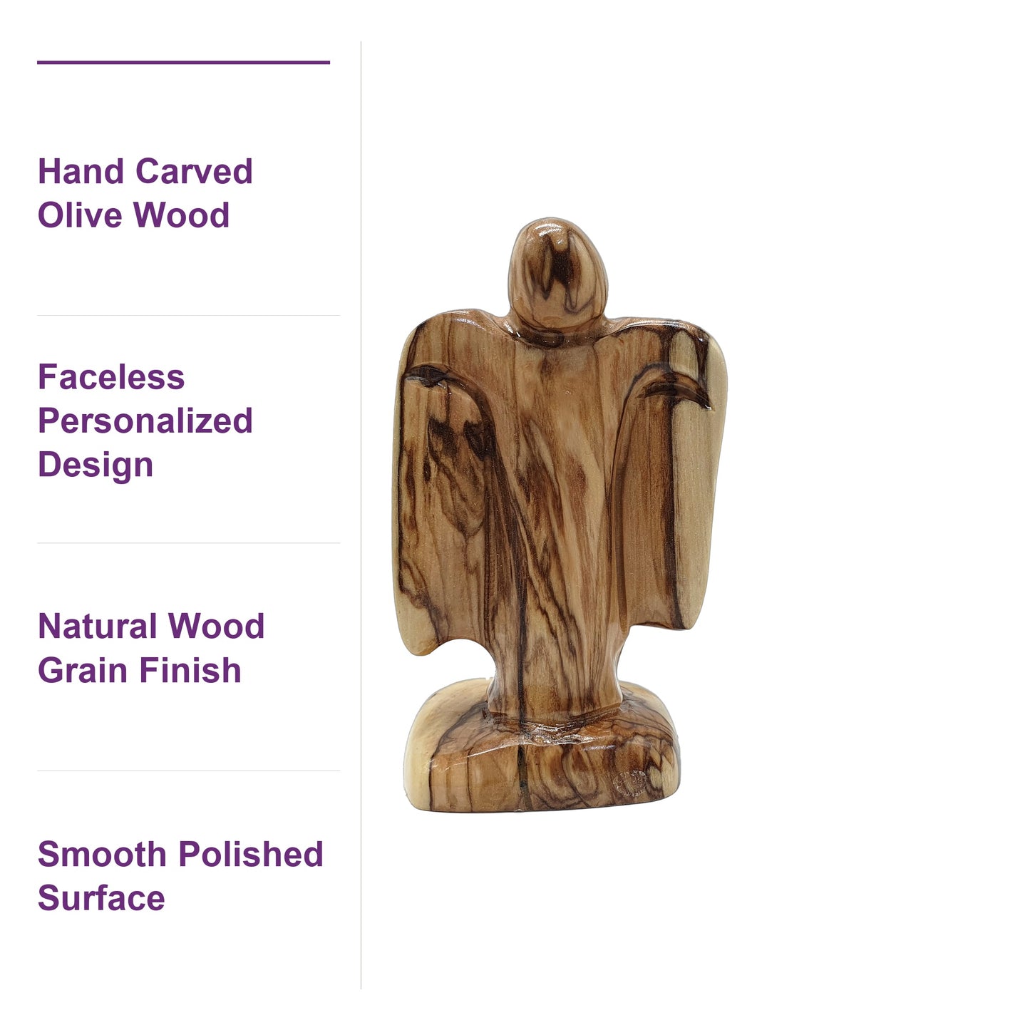 Close-up of the natural olive wood grain on this hand-carved Holy Land angel, unpainted and authentic.