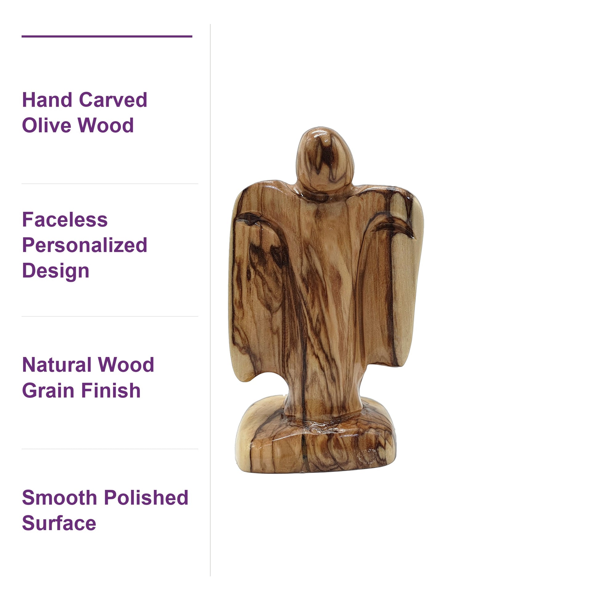 Close-up of the natural olive wood grain on this hand-carved Holy Land angel, unpainted and authentic.