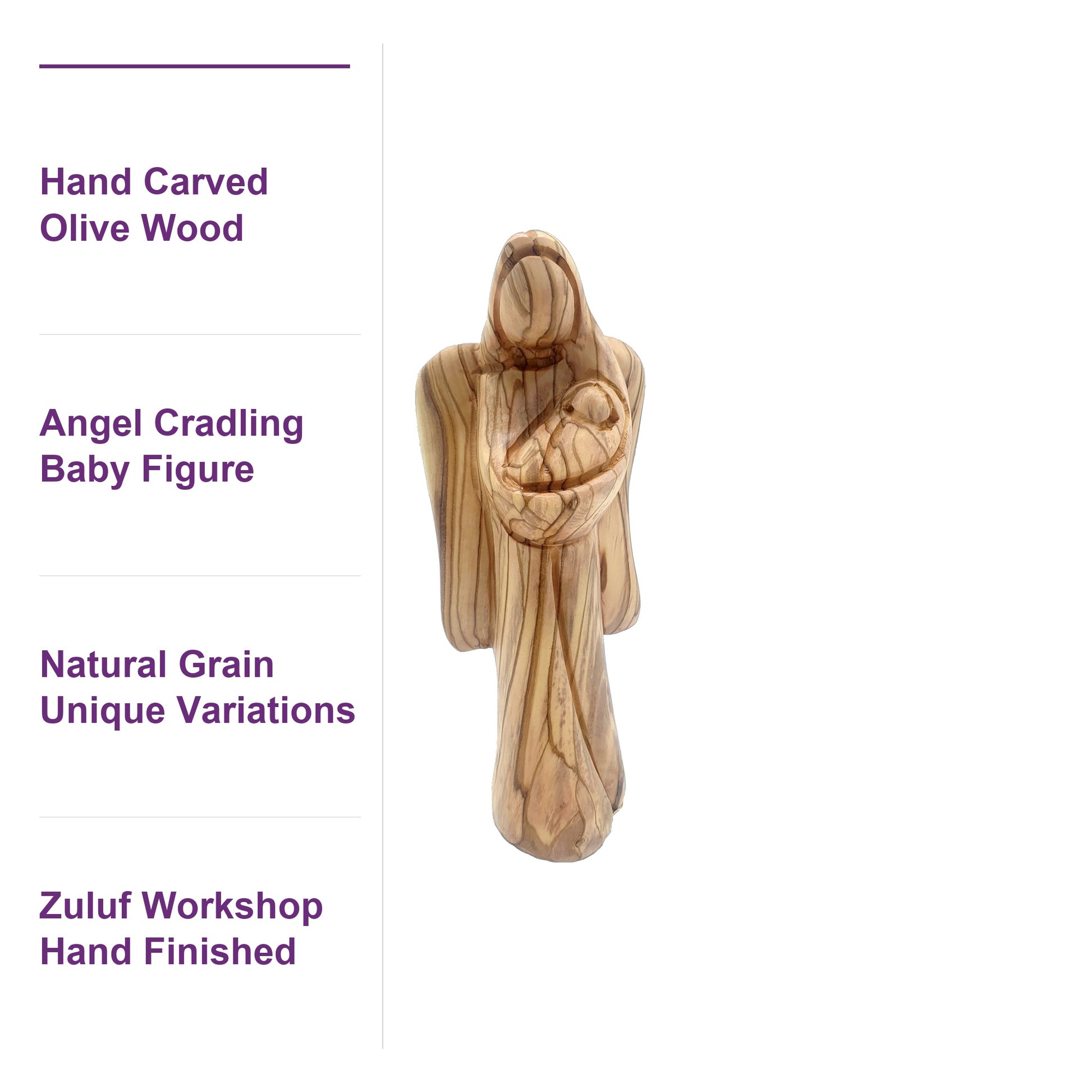 Close-up of natural knots and grain on a hand-carved Holy Land olive wood angel, showcasing its authentic craftsmanship.