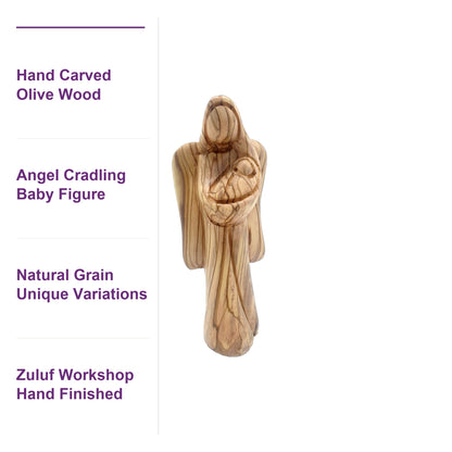 Close-up of natural knots and grain on a hand-carved Holy Land olive wood angel, showcasing its authentic craftsmanship.