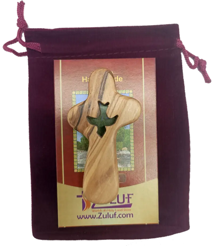 🕊️ handcrafted olive wood comfort cross with dove cut-out – made in bethlehem | comes gift bag & certificate | zuluf
