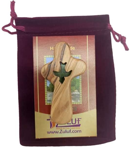 🕊️ handcrafted olive wood comfort cross with dove cut-out – made in bethlehem | comes gift bag & certificate | zuluf