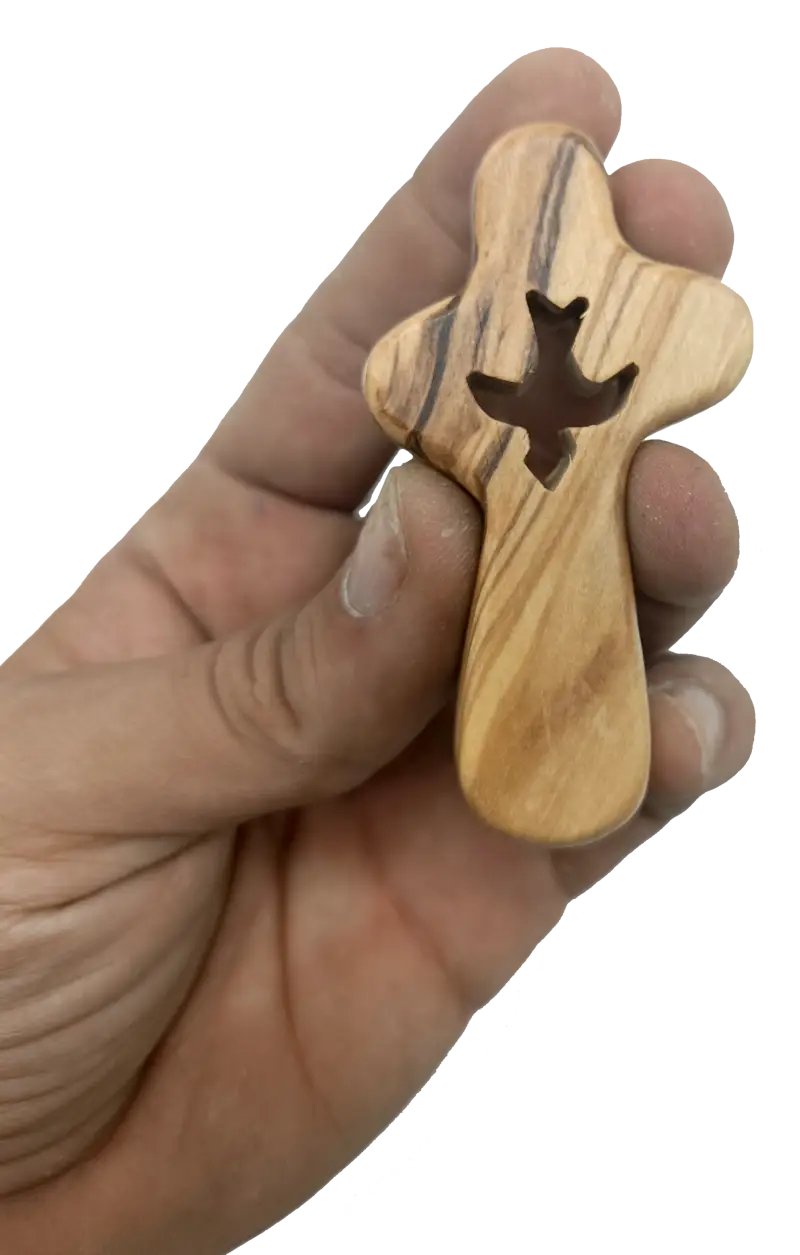🕊️ handcrafted olive wood comfort cross with dove cut-out – made in bethlehem | comes gift bag & certificate | zuluf