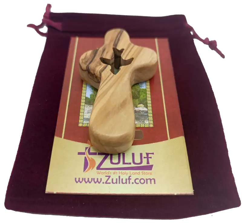 🕊️ handcrafted olive wood comfort cross with dove cut-out – made in bethlehem | comes gift bag & certificate | zuluf