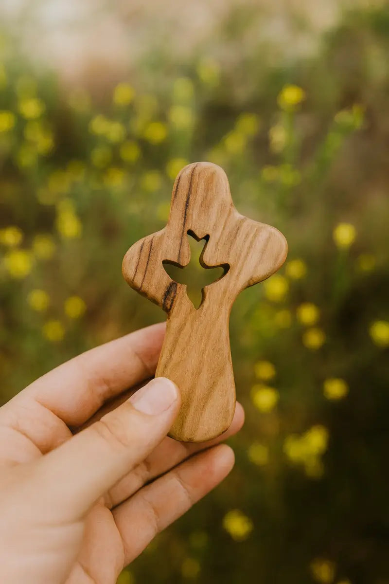 🕊️ handcrafted olive wood comfort cross with dove cut-out – made in bethlehem | comes gift bag & certificate | zuluf