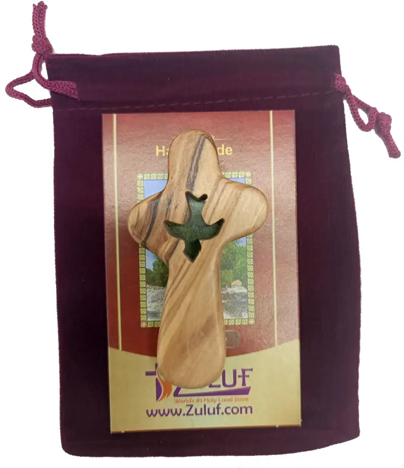 🕊️ handcrafted olive wood comfort cross with dove cut-out – made in bethlehem | comes gift bag & certificate | zuluf