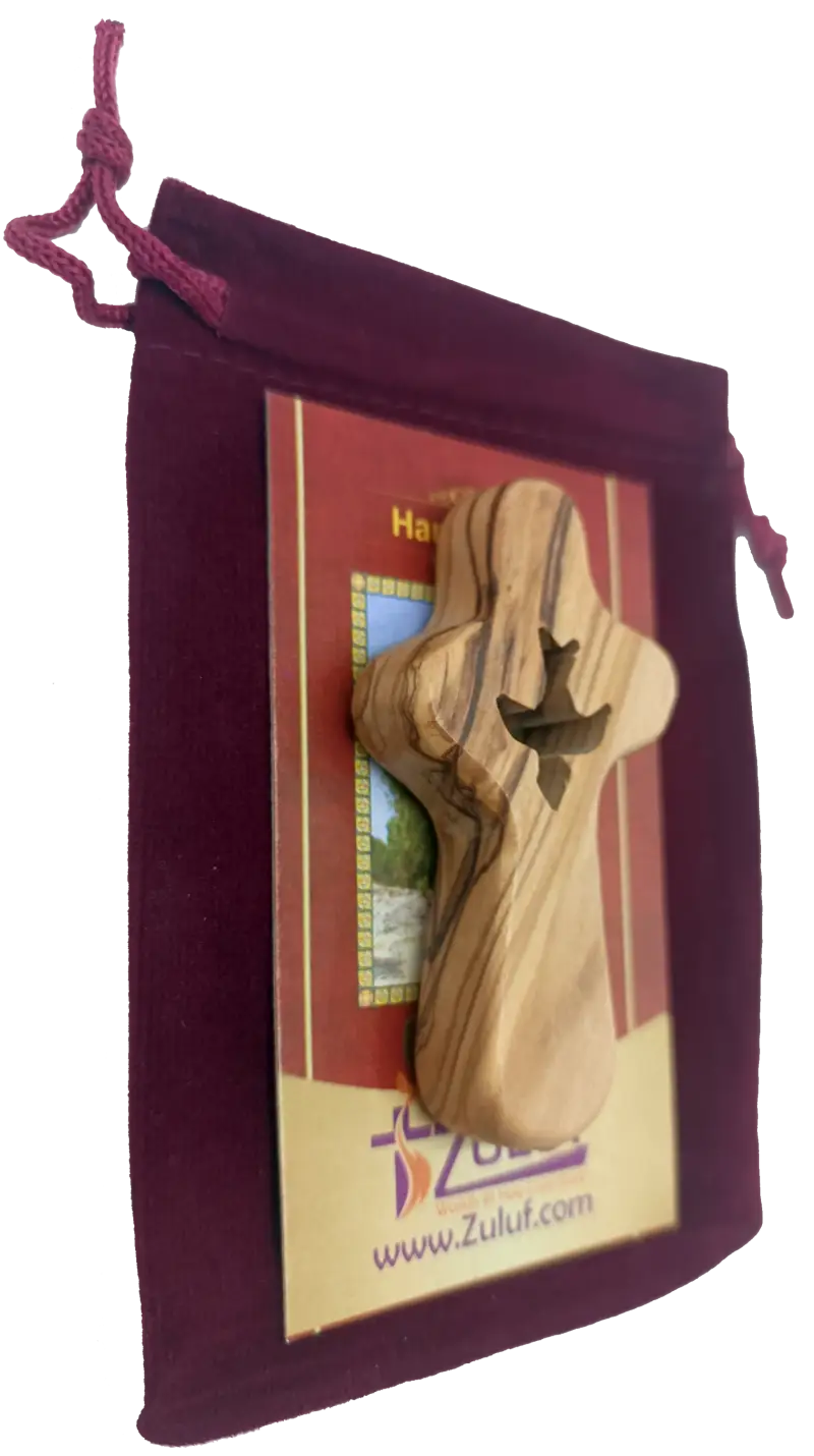 🕊️ handcrafted olive wood comfort cross with dove cut-out – made in bethlehem | comes gift bag & certificate | zuluf