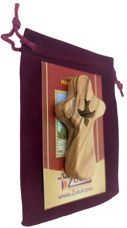 🕊️ handcrafted olive wood comfort cross with dove cut-out – made in bethlehem | comes gift bag & certificate | zuluf