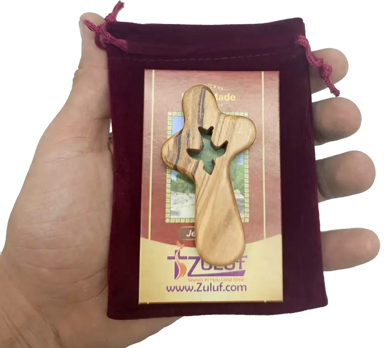 🕊️ handcrafted olive wood comfort cross with dove cut-out – made in bethlehem | comes gift bag & certificate | zuluf