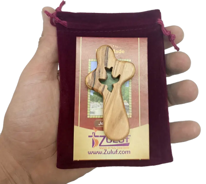 🕊️ handcrafted olive wood comfort cross with dove cut-out – made in bethlehem | comes gift bag & certificate | zuluf