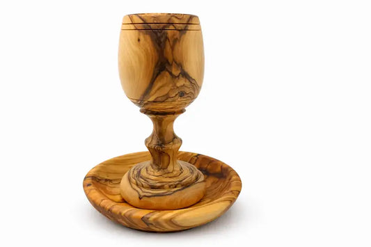Handcrafted olive wood communion cup & tray set from bethlehem – holy land eucharist chalice with bread dish - cup