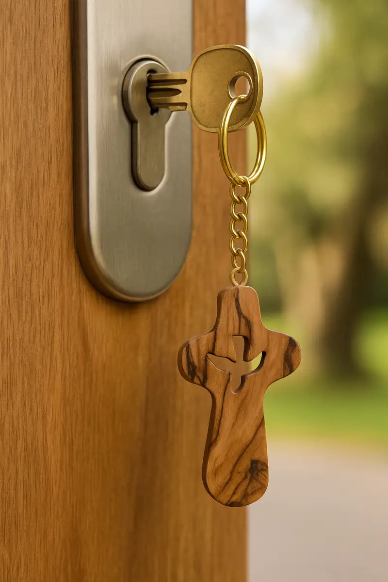 Handcrafted olive wood cross keychain with dove cut out – 2.4 x 1.4 inches symbol of peace keychain