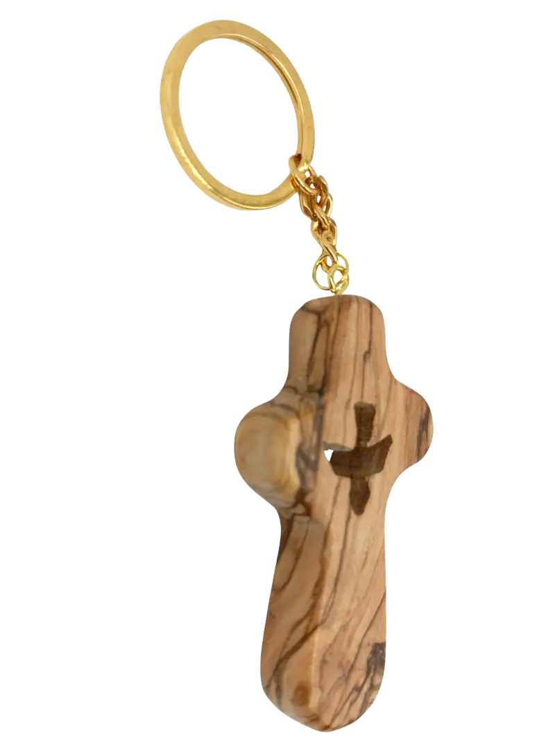 Handcrafted olive wood cross keychain with dove cut out – 2.4 x 1.4 inches symbol of peace keychain