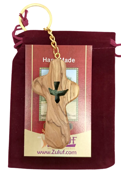 Handcrafted olive wood cross keychain with dove cut out – 2.4 x 1.4 inches symbol of peace keychain