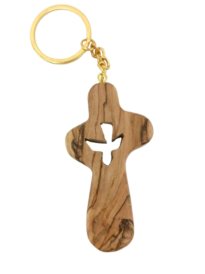 Handcrafted olive wood cross keychain with dove cut out – 2.4 x 1.4 inches symbol of peace keychain