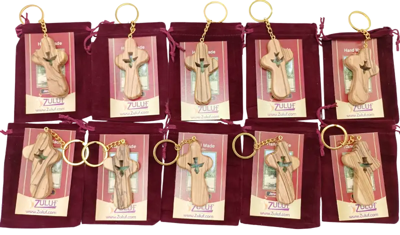 Handcrafted olive wood cross keychain with dove cut out – 2.4 x 1.4 inches symbol of peace 10 keychain