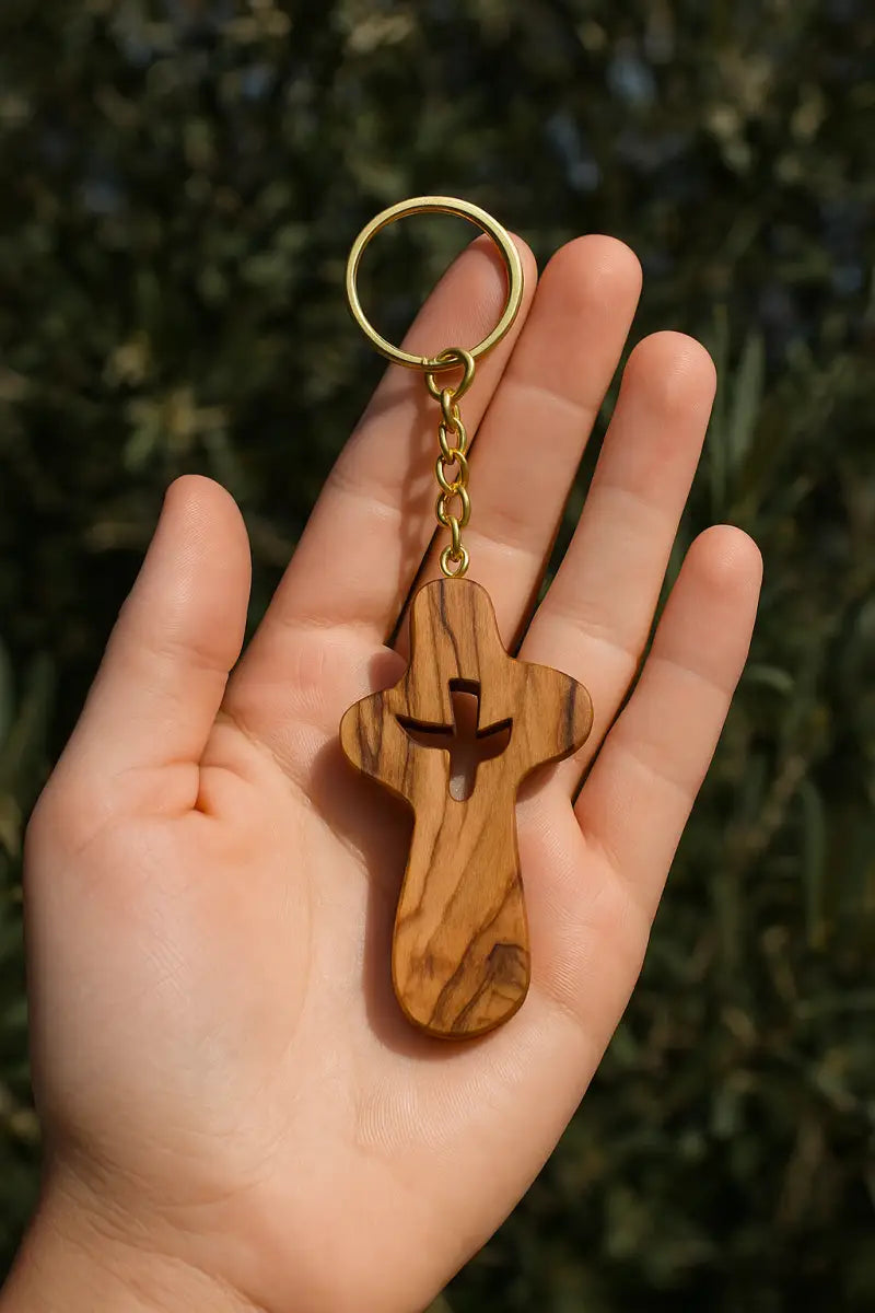 Handcrafted olive wood cross keychain with dove cut out – 2.4 x 1.4 inches symbol of peace keychain